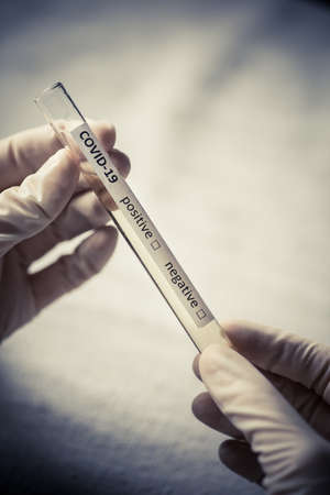 Conceptual photograph of a doctor's hands holding and looking at a test tube while testing samples for presence of coronavirus (COVID-19).の写真素材