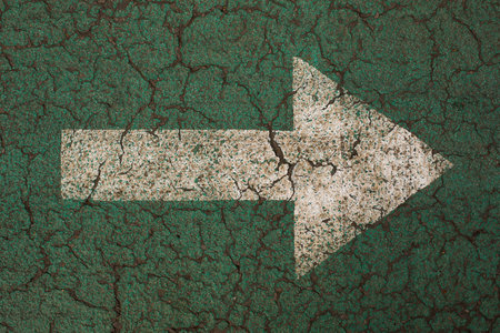A white arrow painted on the ground, on a bicycle lane.