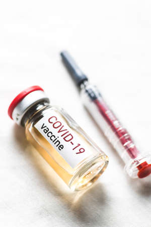 Color close up shoot of a dose of Coronavirus COVID-19 vaccine.