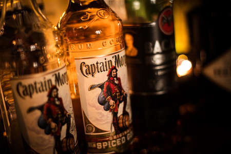 Bucharest, Romania - November 9, 2020: Illustrative editorial image of some Captain Morgan rum bottles displayed in a pub in Bucharest, Romania.のeditorial素材
