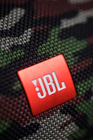Bucarest, Romania - March 15, 2021: Illustrative editorial image of the JBL logo on a portable speaker.のeditorial素材