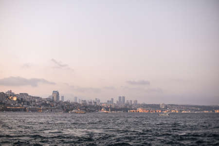 View of the Bosphorus Strait in Istanbul, Turkey, at dusk.の写真素材