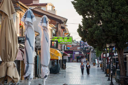 OHRID, NORTH MACEDONIA - August 25, 2021: People walk down one of the main streets in the historical center of Ohrid, North Macedonia.のeditorial素材
