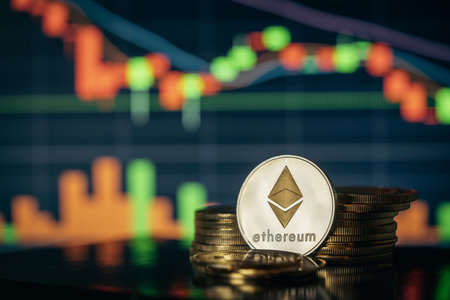 Stack or heap of silver Ethereum cryptocurrency with candle stick graph chart and digital...