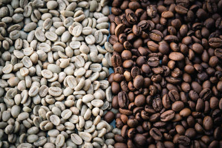 A pile of natural raw and brown roasted coffee beans.の写真素材