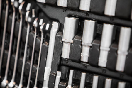 Close up shot of some tools organized in a tool box.の写真素材