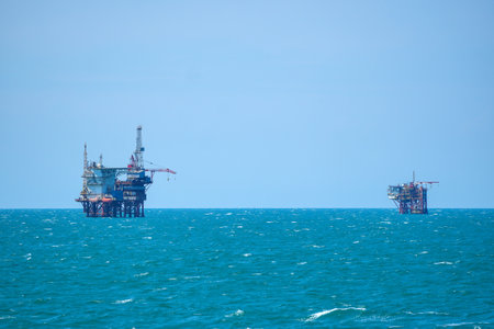 Oil or gas drilling platforms at sea.の写真素材