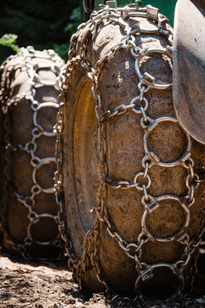 Traction chains on the big wheel of a forest log truck tree harvester working woodcutter.の写真素材