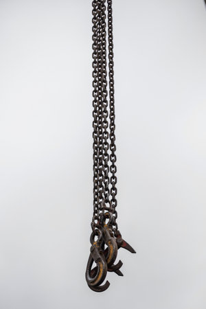 Hooks for industrial crane, hanging on chains.