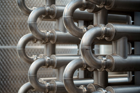 Close up shot of many alloy inox pipes in a factory.の写真素材