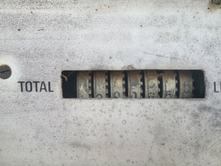 Close up shot of the rolling number counter on an old fuel pump.