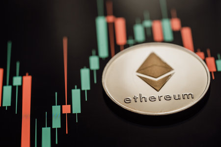 Silver Ethereum cryptocurrency with candle stick graph chart and digital background.