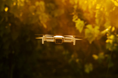 Color image of a drone flying at dusk.の写真素材