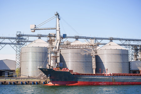 Cereal warehouse and agro-processing and manufacturing plant for processing and silver silos for drying cleaning and storage of agricultural products, flour, cereals and grain.の写真素材