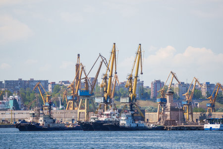 Container terminal, with cranes, in a commercial port.の写真素材