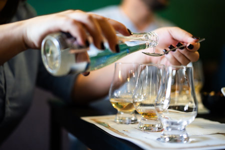 Person adding water in Glencairn single malt whisky glass.
