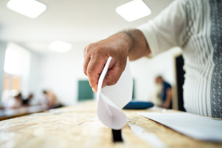 A person inserts a ballot in a box while voting at a polling station during elections.