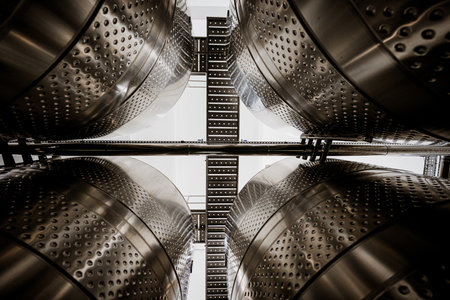 Wine steel tanks, equipment of contemporary winemaker factory.の写真素材