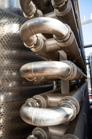 Close up shot of metal pipes in a factory.