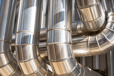 Close up shot of metal pipes in a factory.の写真素材