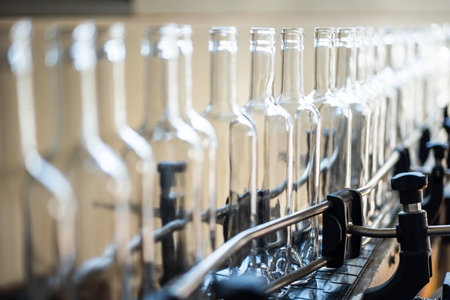 Line of empty glass bottles on a conveyor belt, at a drink bottling factory.の写真素材