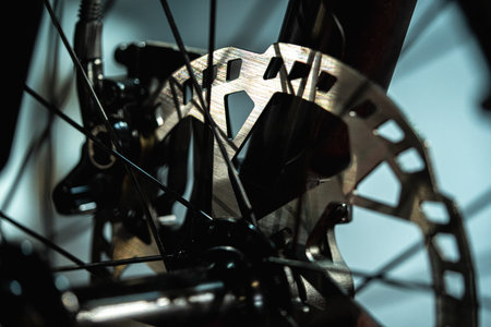 Metal disc brake detail on mountain bicycle.の写真素材