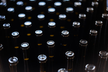 Top view of many wine bottles in a factory.