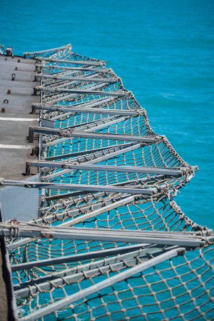Close up shot of a military ship safety net.の写真素材