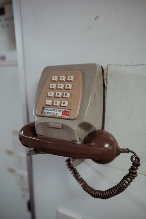 Close up shot of a vintage retro push button telephone.