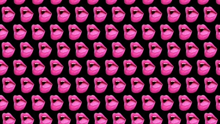 trendy colorful repeating pattern of female lips or mouth on a black background.