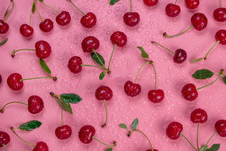 background of ripe wet cherries with water drops on a black background with green leaves close up top viewの写真素材