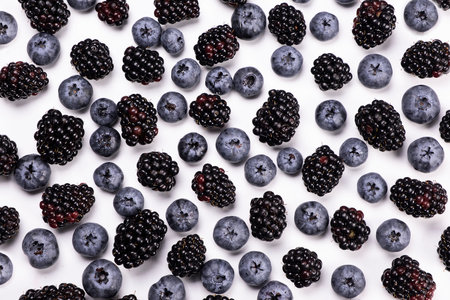 blackberries and blueberries on a white background, close-up, top view