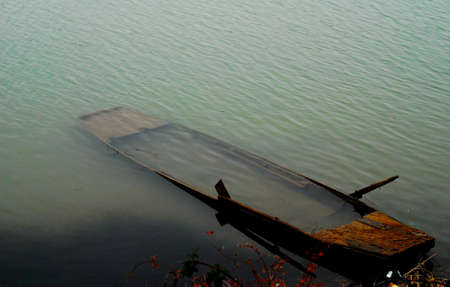 Wooden boat sunk at the Drina River, Bosnia and Herzegovina  