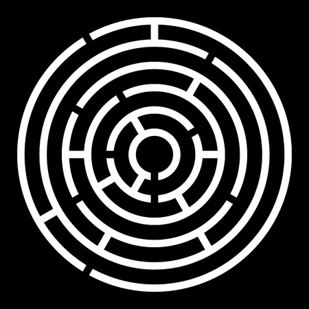 Maze Symbol Round Icon Design. Vector simple circle labyrinth sign or logo element isolated on black backgroundのイラスト素材