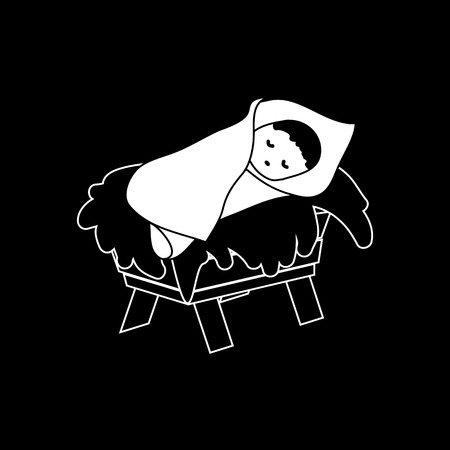 Baby Jesus Christ in the Manger.Outline Figure Icon Symbol Design. Vector Christmas illustration isolated on black backgroundのイラスト素材
