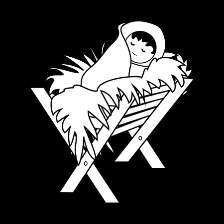 Baby Jesus Christ in the Manger.Outline Figure Icon Symbol Design. Vector Christmas illustration isolated on black backgroundのイラスト素材