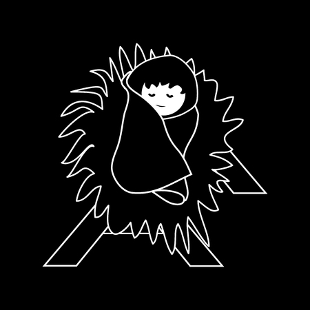 Baby Jesus Christ in the Manger.Outline Figure Icon Symbol Design. Vector Christmas illustration isolated on black backgroundのイラスト素材