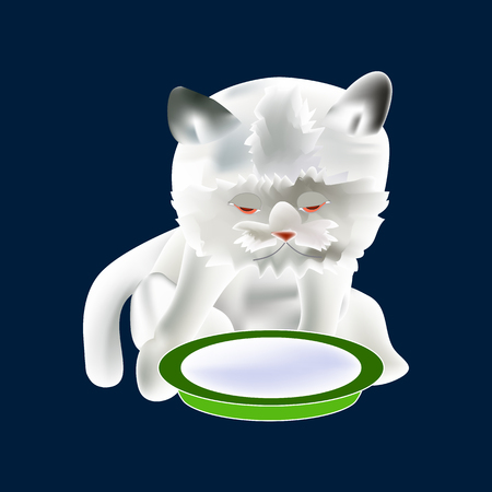 Dreaming Cat and plate with milk. Icon Symbol Design. White Cartoon Sleepy Cat Vector illustration isolated on navy blue backgroundのイラスト素材
