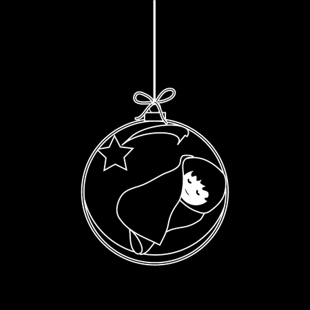 Flat Christmas Ball with Bow, Star and  Baby Jesus Christ. Vector Bauble with Baby Jesus Figure decorative xmas ornament. Illustration isolated on black background. Silhouette Icon Symbol Design.のイラスト素材