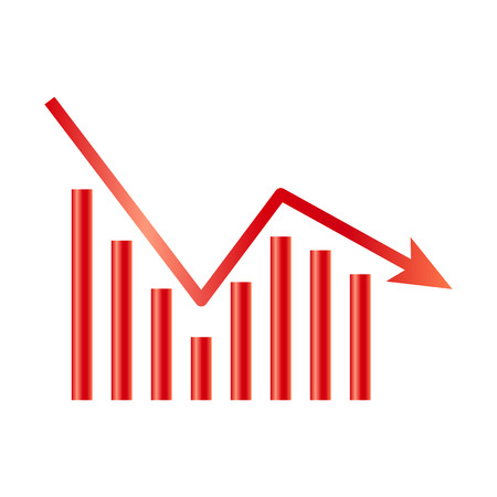 Business graph icon isolated on white background. Downside trend graph, bar chart image with arrow down. Vector illustration for banner, template, poster, postcard, web, app, infographics.のイラスト素材