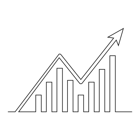 Continuous line drawing of graph icon isolated on white background. Growing chart image with arrow up. Vector illustration for banner, template, poster, postcard, web, app, infographics. のイラスト素材