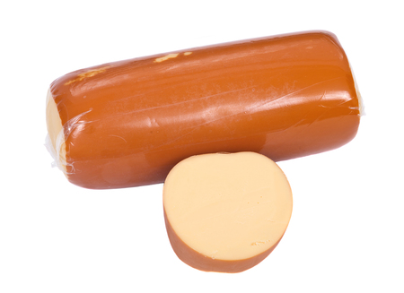 Amish farm organic smoked gouda cheese isolated on white backgroundの写真素材