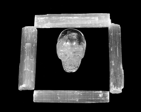 Natural white selenite rods and clear quartz skull on black backgroundの写真素材
