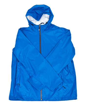 Blue men's rain jacket isolated on white backgroundの写真素材