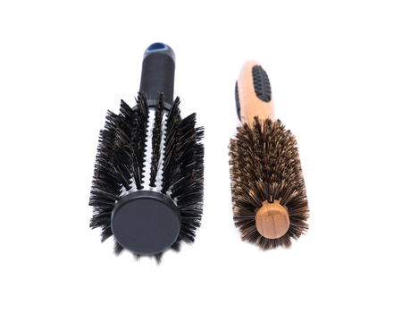 Aluminum barrel round, natural bamboo hairbrushes with wild boar bristles isolated on white backgroundの写真素材