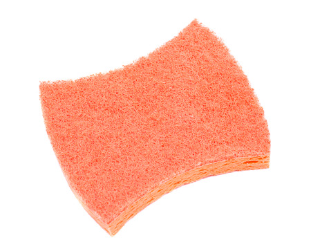 Orange non scratch scrubbing sponge isolated on white backgroundの写真素材