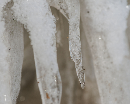 Closeup of huge icicles on a sunny winter day.の写真素材