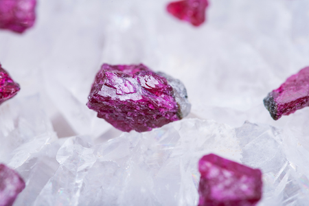 Top quality A grade small rough RUBY crystals from Tanzania on crystalline druzy center of Polished Blue Lace Agate slab from Brazil. RED CORUNDUM.の写真素材