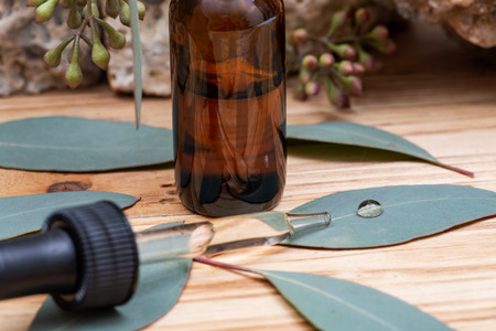 Eucalyptus Essential oil in Amber Round Glass Bottle with Glass Dropper and Fresh Eucalyptus leaves on wooden background. Phytotherapy.の写真素材