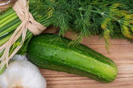 Fresh Organic Garlic, Cucumber and Dill tied with a straw, on wooden background.の写真素材